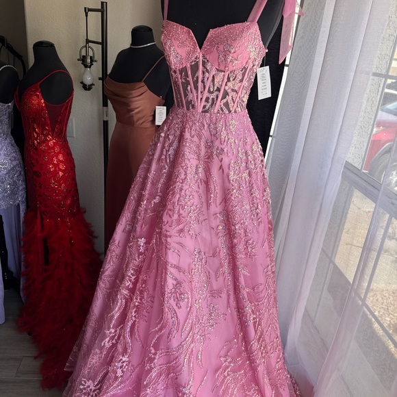 Pink Beaded Corset Dress with Bow Straps - Picture 3 of 7